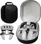 Compact carrying case unique shield style design, hard shell and contoured inner moulding for your Meta Quest 3 VR headset and touch controller accessories with durable protection.